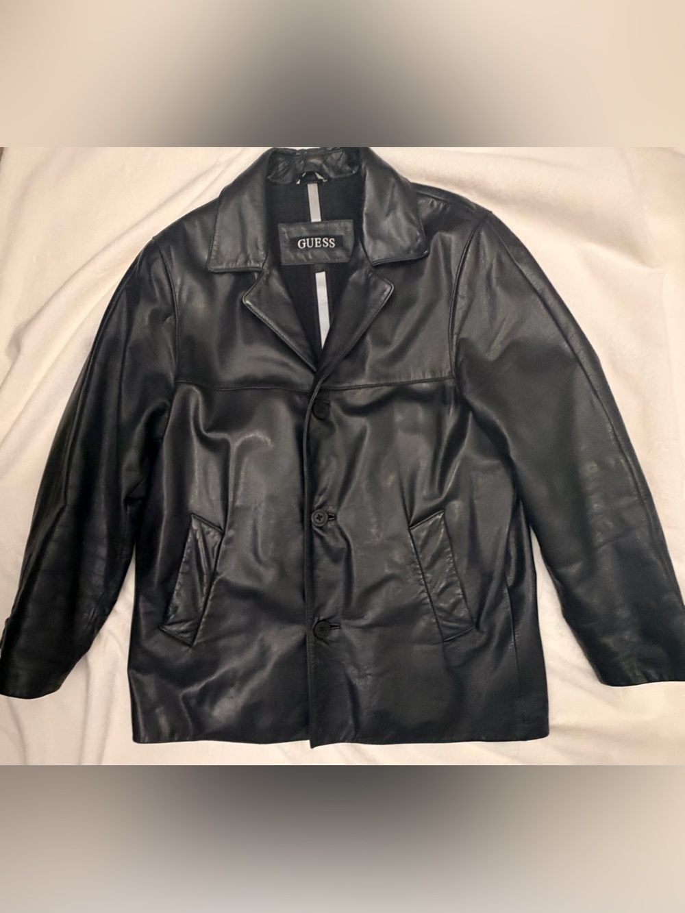 Vintage GUESS Men's Black Genuine Leather Car Coat Jacket Size M